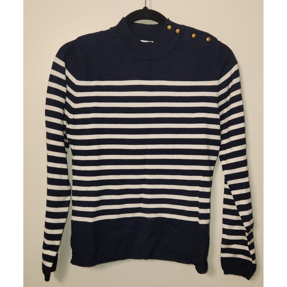 Cielo Navy Blue White Stripe Nautical Knit Sweater Gold Buttons Med Viscose